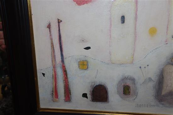 V. Kimil, oil on canvas board, Landscape with mosque in winter, signed and dated 73, 54 x 62cm